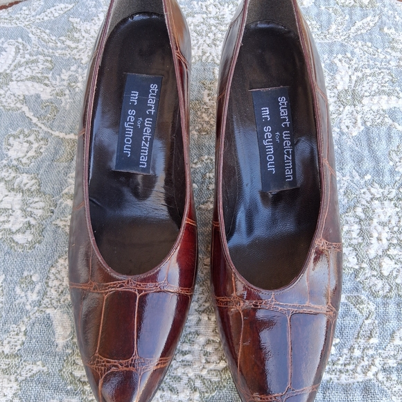 💝 Vintage Stuart Weitzman Mr.Seymore Croc-Embossed Leather Cone Pumps Sz.6.5 - Picture 3 of 13